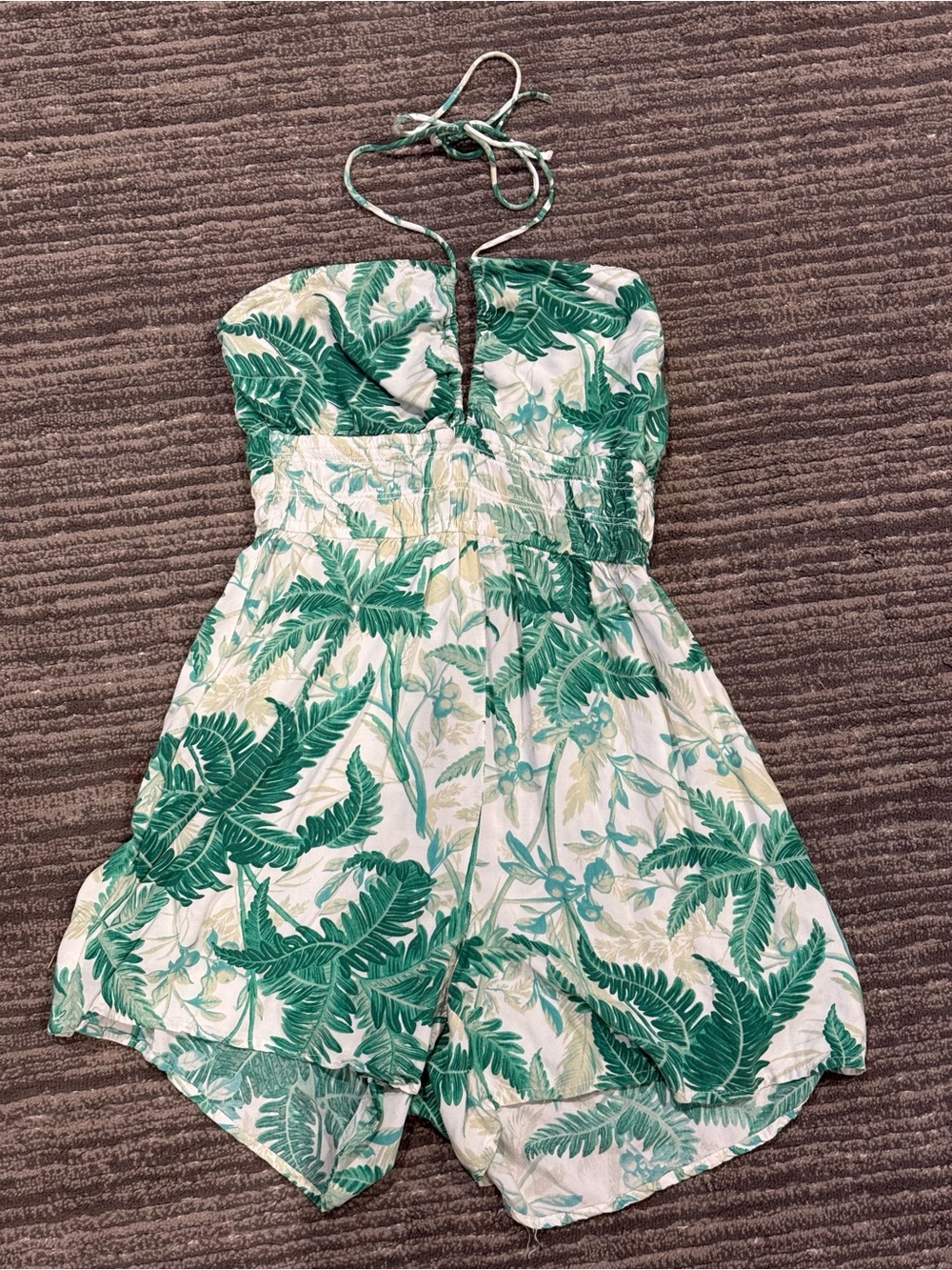 H&M White Romper with Green Tropical Leaf Print
